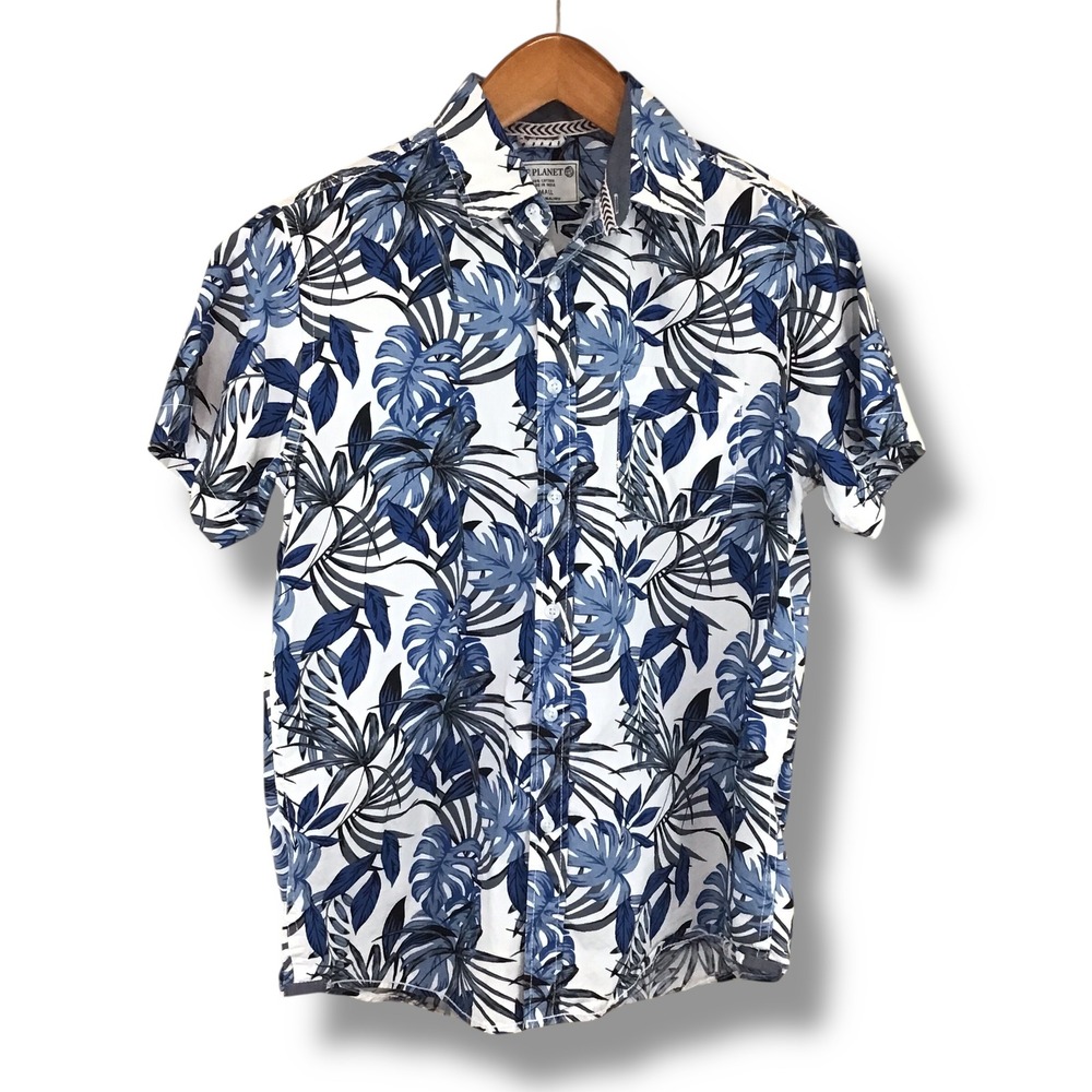 Free Planet Mens S‎ Blue White Tropical Monstera Leaf Cotton Button Down Shirt